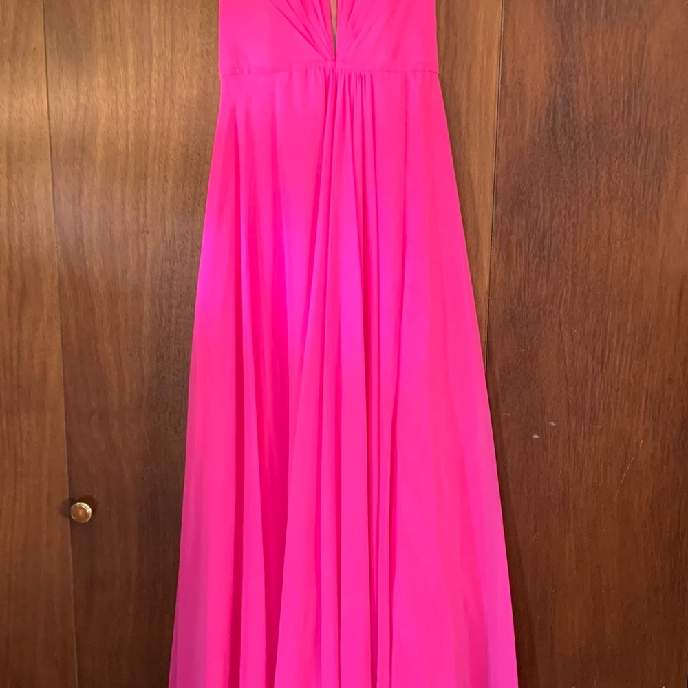 Faviana Pink Halter Pleated Prom Gown